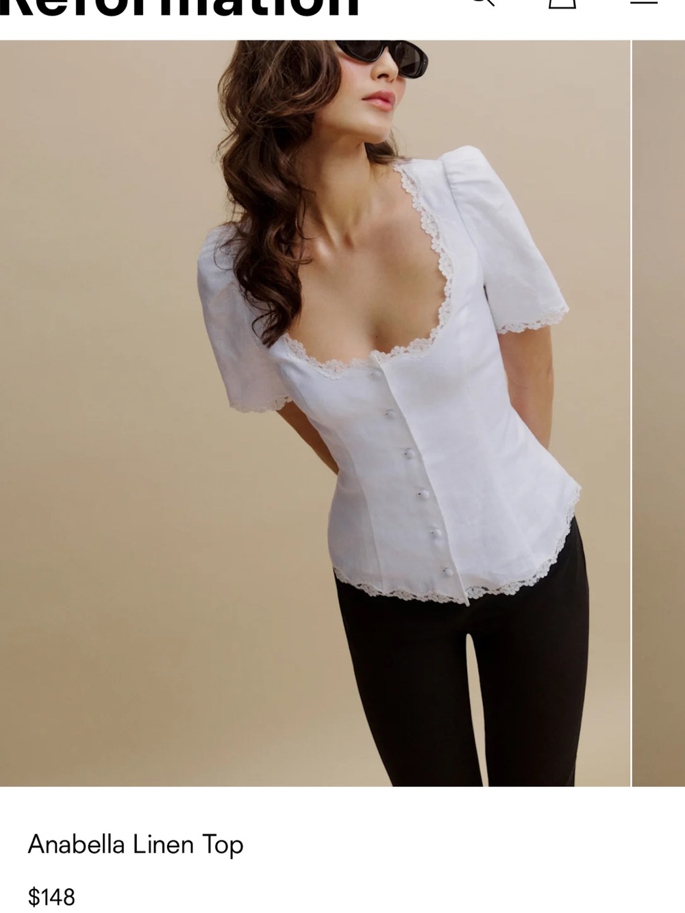 Reformation Anabella Linen Top — White with Lace Trim